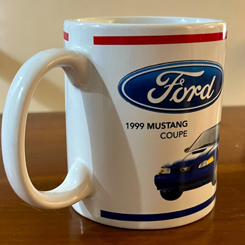 1999 Ford Mustang Coupe White Blue Coffee Mug Cup Ford Authorized Logo Use